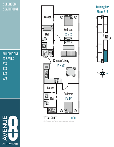 Floor plan for 2 beds, 2 baths, 880 sqft